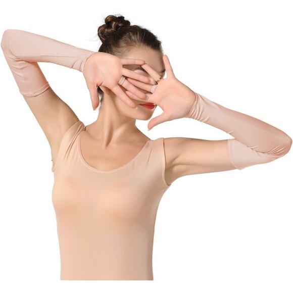 Women's Nude Finger Loop Fingerless Elbow Length Long Satin Gloves Cosplay - Picture 2 of 4